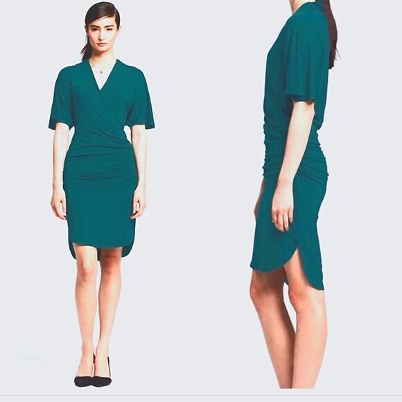 Banana Republic Teal Ruched Wrap Dress Short Sleeve V Neck XSMALL - Picture 1 of 8